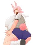  animal_ears ass bunny_ears bunny_girl buruma cookie fat food lionel_nakamura obese pink_eyes pink_hair 