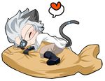  1boy animal_ears boots cat_ears cat_tail coat eyepatch eyes_closed fish food gloves grey_hair heart highres pants short_hair tail tegami_bachi thunderland_jr 