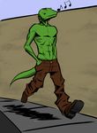  anthro clothed clothing eyes_closed half-dressed lizard male musical_note outside pants reptile sagging_pants scalie shoes simple_background smile solo topless walking ween 