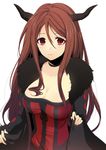  bad_id bad_pixiv_id breasts brown_hair choker cleavage fur_trim horns large_breasts long_hair looking_at_viewer manyako_(mohumohu) maou_(maoyuu) maoyuu_maou_yuusha red_eyes simple_background smile solo striped white_background 