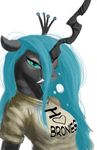  &lt;3 anthro anthrofied changeling clothing crown cyan_hair english_text fangs female friendship_is_magic green_eyes green_hair grey_horn hair hattonslayden holes horn leaning leaning_back long_hair my_little_pony plain_background pose queen_chrysalis_(mlp) shirt shirt_logo smile teal_eyes text white_background yellow_shirt 