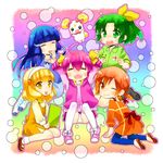  :d :o ;&gt; ahoge aoki_reika black_eyes blonde_hair blue_hair bow candy_(smile_precure!) closed_eyes creature dress green_eyes green_hair green_shirt hair_bow hair_ornament hairband hairclip heart hino_akane_(smile_precure!) hoshizora_miyuki kise_yayoi long_hair midorikawa_nao multiple_girls one_eye_closed open_mouth orange_eyes orange_hair orange_shirt pink_bow pink_vest precure rainbow_background shirt sketchbook skirt smile smile_precure! twintails vest white_hairband yellow_eyes yuzucky 