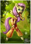  anthro anthrofied arthropod butterfly clothed clothing equine female fernando_faria fluttershy_(mlp) forest friendship_is_magic green_eyes hair hindpaw horse insect long_hair looking_at_viewer mammal my_little_pony open_mouth paws pegasus pink_hair pony smile solo standing tree wings yellow_skin 