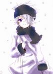  1boy blush child coat gloves lag_seeing purple_eyes scarf short_hair silver_hair smile star tegami_bachi 