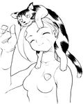  animal animal_on_head antenna_hair blush cammy_white cat cat_on_head closed_eyes eisuu fingerless_gloves gloves greyscale leotard monochrome on_head scar street_fighter 