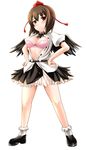  absurdres black_hair black_wings blush bra breasts hands_on_hips hat highres looking_at_viewer medium_breasts open_clothes open_shirt pink_bra red_eyes shameimaru_aya shirt short_hair skirt smile solo standing tokin_hat touhou underwear wings yoshimo 