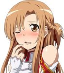  1girl asuna_(sao) blush brown_eyes brown_hair female highres kayama_kenji long_hair open_mouth reki_48 simple_background solo sword_art_online white_background 