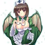  aki663 apron breasts brown_eyes brown_hair cleavage deathsmiles dragon_wings eyewear_removed follett_(deathsmiles) frills glasses hat holding holding_eyewear large_breasts maid_headdress nurse_cap parted_lips see-through semi-rimless_eyewear shadow solo under-rim_eyewear wings 