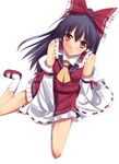  bare_shoulders black_hair blush bow daiaru hair_ornament hakurei_reimu japanese_clothes long_hair looking_at_viewer looking_up miko red_eyes sandals simple_background sitting socks solo touhou 