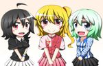  7-eleven aqua_hair black_hair blonde_hair blue_eyes contemporary dress_shirt employee_uniform familymart feiton flandre_scarlet houjuu_nue komeiji_koishi lawson multiple_girls necktie open_mouth red_eyes scarf shared_scarf shirt side_ponytail skirt smile stage_connection touhou uniform 