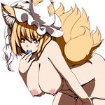  animal_ears bent_over blonde_hair bow bow_panties breasts condom condom_in_mouth condom_wrapper dearmybrothers fox_ears fox_tail hat huge_breasts looking_at_viewer mouth_hold multiple_tails nipples nude panties panty_pull short_hair simple_background smile solo tail touhou underwear white_background white_panties yakumo_ran yellow_eyes 