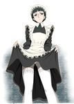  black_eyes black_hair dress dress_lift frown garter_straps glasses hat maid maid-chou_(maoyuu) maid_cap maoyuu_maou_yuusha panties sabachiyo_land solo thighhighs underwear white_legwear white_panties 