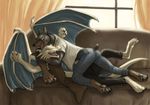  canine curtains cute doberman dog dragon duo inside jc male mammal scalie short_tail sofa thick_tail window wings 