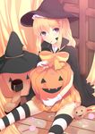  1girl blonde_hair bow candy daiaru female gloves halloween hat long_hair looking_at_viewer original pumpkin purple_eyes sitting sitting_on_floor skirt solo striped striped_legwear thighhighs white_gloves witch_hat zettai_ryouiki 