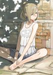  bad_id bad_pixiv_id barefoot brown_hair dappled_sunlight green_eyes hands_on_feet indian_style looking_away original rano short_hair short_ponytail sitting smile solo sunlight tree_shade 