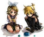  1girl blonde_hair bow brother_and_sister hair_bow headset kagamine_len kagamine_rin lowres pisuke siblings sitting twins vocaloid 