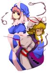  blonde_hair ghost japanese_clothes kimono laboto multiple_girls pink_hair purple_eyes ribbon saigyouji_yuyuko touhou yakumo_yukari 