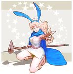  animal_ears bad_id bad_pixiv_id bang blonde_hair boots breasts bunny_ears cape cleavage dragon_quest dragon_quest_iii dress finger_gun fingerless_gloves gloves green_eyes jester_(dq3) kneeling large_breasts long_hair okojo one_eye_closed pointing sage_(dq3) solo staff strapless strapless_dress tube_dress 