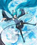  blue_eyes blue_hair detached_sleeves falling hatsune_miku itaya_tatsumi long_hair necktie skirt solo thighhighs twintails very_long_hair vocaloid 