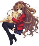  aisaka_taiga brown_eyes brown_hair long_hair mushi_kei oohashi_high_school_uniform school_uniform solo stuffed_animal stuffed_toy thighhighs toradora! zettai_ryouiki 