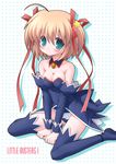  angel_mort bare_shoulders blonde_hair breasts cleavage cosplay elbow_gloves gloves green_eyes hair_ribbon higurashi_no_naku_koro_ni kamikita_komari little_busters! medium_breasts ribbon short_hair solo star taira_takehiro thighhighs waitress 