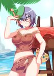  angry art_brush bad_id bad_pixiv_id bare_shoulders beret blue_eyes blush breasts copyright_request day easel hat johnny_funamushi large_breasts midriff monocle outdoors paint paintbrush painting palette purple_hair short_hair solo strap_slip 