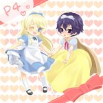  1girl alice_(wonderland) alice_(wonderland)_(cosplay) alice_in_wonderland apron blonde_hair blue_eyes blue_hair blush bow cape chieri cosplay crossdressing dress grimm's_fairy_tales hair_bow hair_ribbon heart holding_hands kuma_(persona_4) mary_janes one_eye_closed original otoko_no_ko persona persona_4 ribbon shirogane_naoto shoes short_hair snow_white snow_white_(grimm) socks 