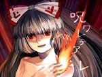  bangs blunt_bangs bow collarbone evil_smile fire flame fujiwara_no_mokou hair_bow looking_at_viewer shaded_face silver_hair smile solo topless touhou white_bow xero 