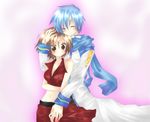  1girl bad_id bad_pixiv_id blue_hair blue_scarf blush brown_eyes brown_hair couple hetero holding holding_hands hug hug_from_behind kaito meiko navel riichu scarf skirt vocaloid 