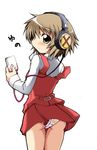  animal_print ass brown_eyes brown_hair cat_panties cat_print digital_media_player hazuki_haru headphones hidamari_sketch ipod panties pantyshot print_panties school_uniform solo underwear white_panties yuno 