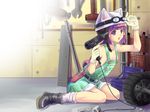  animal_helmet boots engineer gloves goggles goggles_on_head hand_drill helmet naked_overalls original overall_shorts overalls purple_eyes purple_hair short_hair sitting solo tama_two_(fukuya) tool_kit tools wariza 