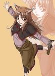  animal_ears brown_hair holo long_hair misnon_the_great red_eyes solo spice_and_wolf wolf_ears 
