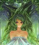  arms_behind_back bare_shoulders collarbone face forest green green_hair light_smile lips nature original pisuke purple_eyes short_hair solo strapless tree tubetop upper_body 