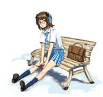 amami_haruka bag bench bespectacled brown_hair cellphone character_doll dorsiflexion glasses green_eyes idolmaster idolmaster_(classic) idolmaster_live_for_you! necktie nonowa phone plaid plaid_skirt pleated_skirt red-framed_eyewear rough_time_school school_bag school_uniform short_hair sitting skirt solo zearthp 