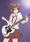  ahoge brown_eyes guitar hijiki_(hijikini) instrument nagato_yuki necktie plaid plaid_skirt purple_hair short_hair skirt solo suzumiya_haruhi_no_yuuutsu 