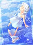  barefoot closed_eyes cloud condensation_trail day digital_media_player dress headphones lens_flare long_hair man_(trance) original petals reflection ripples see-through sky solo standing standing_on_liquid sundress water white_dress white_hair 