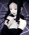  arachne_(soul_eater) bad_id bad_pixiv_id bare_shoulders black_gloves black_hair blue_eyes breasts bug cleavage elbow_gloves expressionless gloves jewelry large_breasts lipstick long_hair makeup necklace pale_skin pendant sidelocks silk siraha solo soul_eater spider spider_web upper_body 
