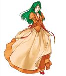  brown_eyes dress earrings elincia_ridell_crimea fire_emblem fire_emblem:_souen_no_kiseki green_hair half_updo highres jewelry kita_senri long_hair official_art orange_dress solo 