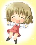  :d ^_^ blush brown_hair chibi closed_eyes hahifuhe hair_ornament hidamari_sketch open_mouth outstretched_arms panties pantyshot school_uniform short_hair smile solo spread_arms underwear white_panties x_hair_ornament yuno 