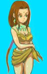  arc_the_lad arc_the_lad_ii bikini bindi brown_hair earrings frown green_eyes ike_ko jewelry long_hair looking_away necklace ponytail sania_(arc_the_lad) sarong simple_background solo swimsuit very_long_hair yellow_sarong 