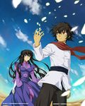  1girl artist_name belt black_hair blue_sky dated day desert dress gundam gundam_00 labo_(nobody_knows) long_hair long_sleeves marina_ismail outdoors purple_dress rock setsuna_f_seiei shatter signature sky standing very_long_hair 