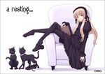  armchair blonde_hair book cat chair crossed_legs engrish feet frills gothic gothic_lolita lolita_fashion long_hair orebalgum original pantyhose ranguage red_eyes shoe_dangle shoes single_shoe sitting solo 