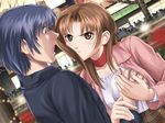  1girl angry blue_hair blush breast_grab breasts brown_eyes brown_hair choker game_cg grabbing guided_breast_grab large_breasts open_mouth sasaki_kanae surprised sweat tanaka_takayuki tsubasa_no_hatameki 