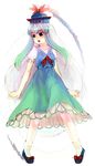  blue_hair dress full_body green_dress hat kamishirasawa_keine long_hair looking_to_the_side pigeon-toed puffy_short_sleeves puffy_sleeves red_eyes short_sleeves simple_background solo standing tate_eboshi touhou white_background xero 