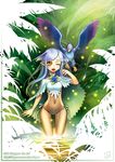  2008 ;d ass_visible_through_thighs bikini bird blue_flower blue_hair blue_rose blush brown_eyes cape cat_shi flower happy long_hair nature navel one_eye_closed open_mouth original pointy_ears ripples rose side-tie_bikini smile solo swimsuit wading water watermark web_address 