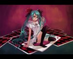  adjusting_hair black_legwear blue_eyes blue_hair card choker dress hair_ornament hatsune_miku holding holding_hair letterboxed long_hair lying_card oversized_object pisuke sitting smile solo thighhighs twintails very_long_hair vocaloid wavy_hair world_is_mine_(vocaloid) 