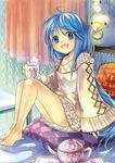  barefoot bed blue_eyes blue_hair feet kan_satomi long_hair original solo tea very_long_hair 