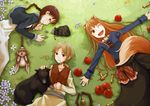  animal_ears apple ayakura_juu blonde_hair border_collie braid brown_hair chloe_(spice_and_wolf) circle_formation coin dog enekk flower food fruit grass highres holo long_hair lying multiple_girls nora_arento one_eye_closed ponytail pouch red_eyes skirt spice_and_wolf tail vest wolf_ears 