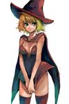  blonde_hair cape dress green_eyes hat lowres original pisuke short_dress short_hair solo thighhighs witch witch_hat 