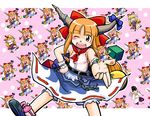  6+girls azuki_osamitsu blonde_hair chibi clone cup glasses gohei hands hat horn horns hoshiguma_yuugi ibuki_suika japanese_clothes long_hair multiple_girls odd_one_out one_eye_closed orange_hair ribbon sakazuki touhou yakumo_yukari zun 